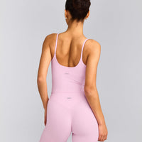 SoftMotion™ Strappy Mid Tank Top with Built in Bra Shelf with Gray Logo | Chalk Pink