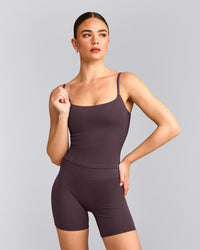 SoftMotion™ Strappy Mid Tank Top with Built in Bra Shelf with Gray Logo | Dark Umber Brown