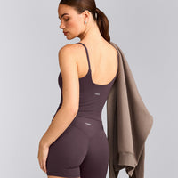 SoftMotion™ Strappy Mid Tank Top with Built in Bra Shelf with Gray Logo | Dark Umber Brown