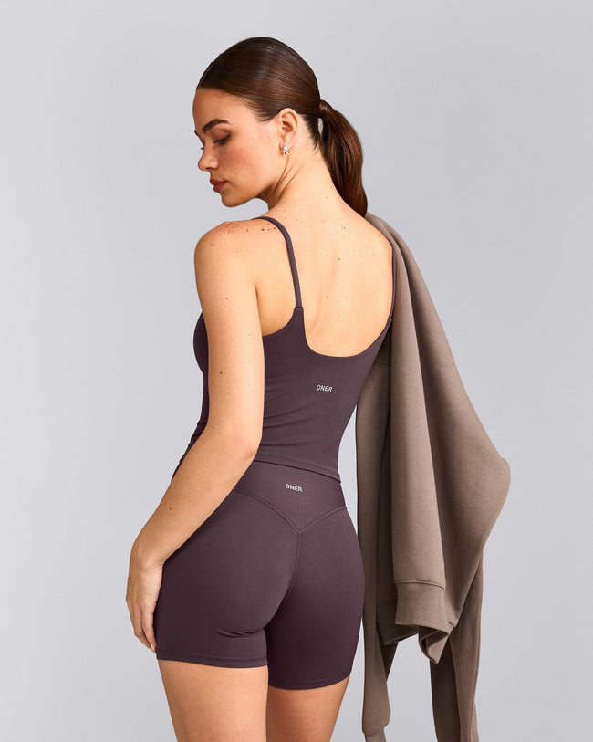 SoftMotion™ Strappy Mid Tank Top with Built in Bra Shelf with Gray Logo | Dark Umber Brown
