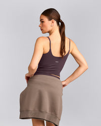 SoftMotion™ Strappy Mid Tank Top with Built in Bra Shelf with Gray Logo | Dark Umber Brown