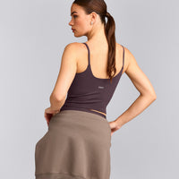 SoftMotion™ Strappy Mid Tank Top with Built in Bra Shelf with Gray Logo | Dark Umber Brown