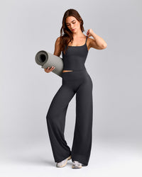 SoftMotion™ Strappy Mid Tank Top with Built in Bra Shelf with Gray Logo | Coal