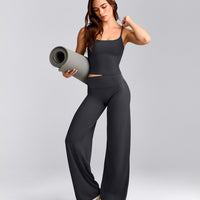 SoftMotion™ Strappy Mid Tank Top with Built in Bra Shelf with Gray Logo | Coal