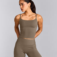 SoftMotion™ Strappy Mid Tank Top with Built in Bra Shelf with Gray Logo | Moss Brown