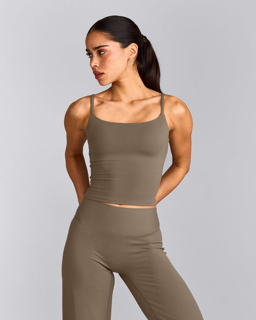 SoftMotion™ Strappy Mid Tank Top with Built in Bra Shelf with Gray Logo | Moss Brown
