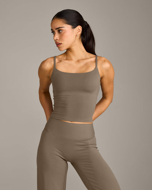 SoftMotion™ Strappy Mid Tank Top with Built in Bra Shelf with Gray Logo | Moss Brown