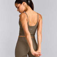 SoftMotion™ Strappy Mid Tank Top with Built in Bra Shelf with Gray Logo | Moss Brown
