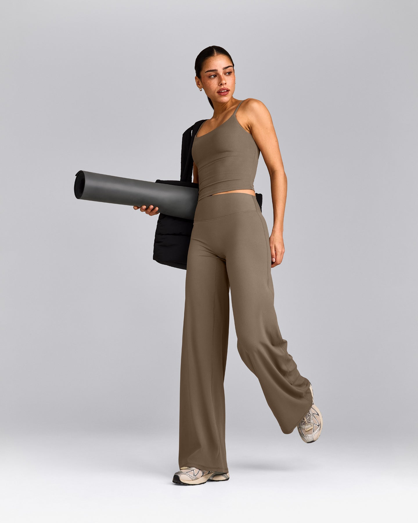 SoftMotion™ Strappy Mid Tank Top with Built in Bra Shelf with Gray Logo | Moss Brown