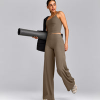 SoftMotion™ Strappy Mid Tank Top with Built in Bra Shelf with Gray Logo | Moss Brown