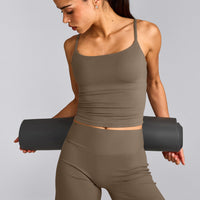 SoftMotion™ Strappy Mid Tank Top with Built in Bra Shelf with Gray Logo | Moss Brown