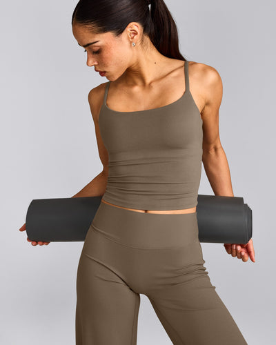SoftMotion™ Strappy Mid Tank Top with Built in Bra Shelf with Gray Logo | Moss Brown