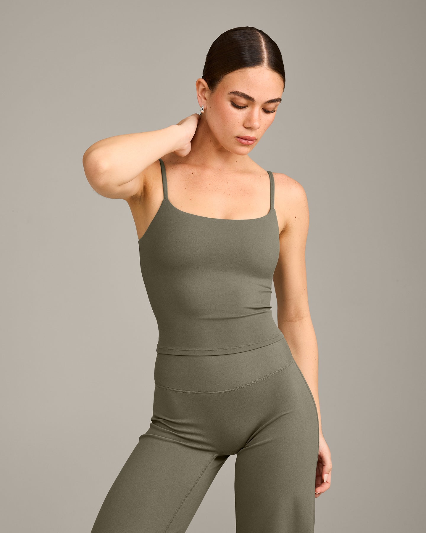 SoftMotion™ Strappy Mid Vest with Built in Bra Shelf with Gray Logo | Alpine Green