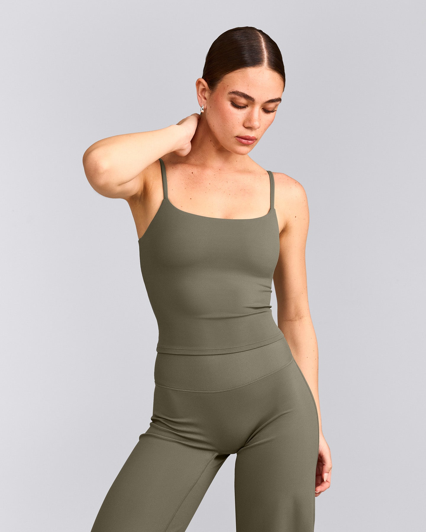 SoftMotion™ Strappy Mid Tank Top with Built in Bra Shelf with Gray Logo | Alpine Green