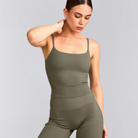 SoftMotion™ Strappy Mid Tank Top with Built in Bra Shelf with Gray Logo | Alpine Green