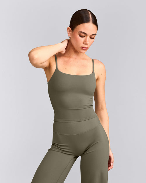 SoftMotion™ Strappy Mid Tank Top with Built in Bra Shelf with Gray Logo | Alpine Green