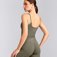 SoftMotion™ Strappy Mid Tank Top with Built in Bra Shelf with Gray Logo | Alpine Green