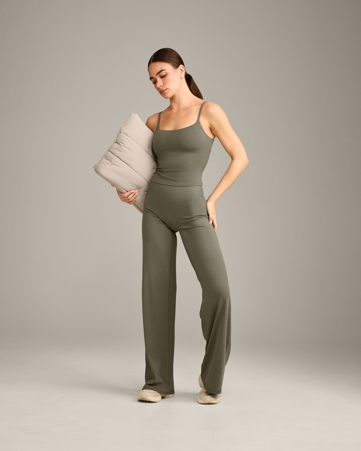 SoftMotion™ Strappy Mid Vest with Built in Bra Shelf with Gray Logo | Alpine Green