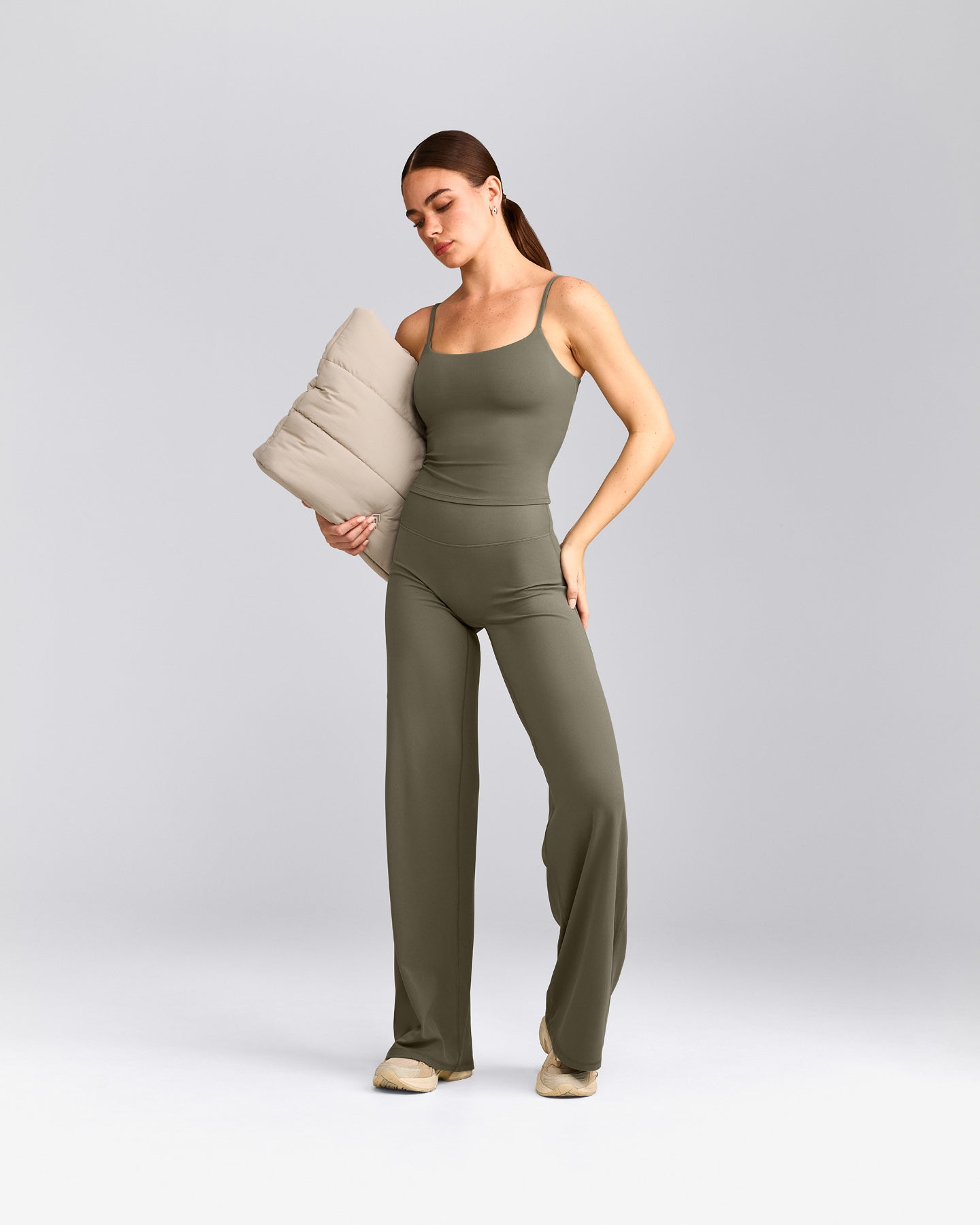 SoftMotion™ Strappy Mid Tank Top with Built in Bra Shelf with Gray Logo | Alpine Green