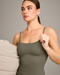 SoftMotion™ Strappy Mid Vest with Built in Bra Shelf with Gray Logo | Alpine Green
