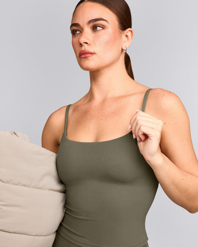 SoftMotion™ Strappy Mid Tank Top with Built in Bra Shelf with Gray Logo | Alpine Green