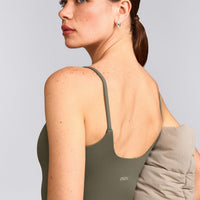 SoftMotion™ Strappy Mid Tank Top with Built in Bra Shelf with Gray Logo | Alpine Green