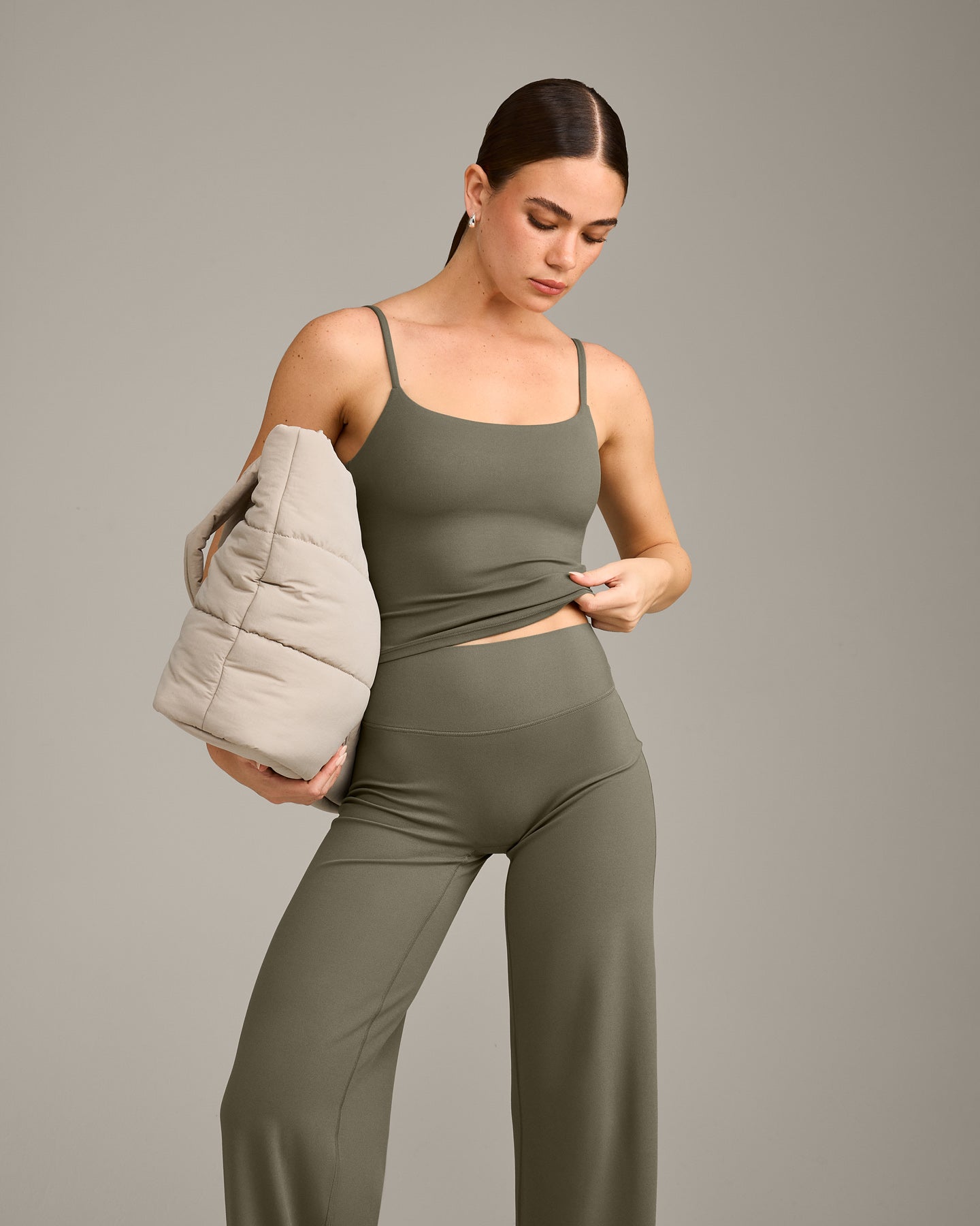 SoftMotion™ Strappy Mid Vest with Built in Bra Shelf with Gray Logo | Alpine Green