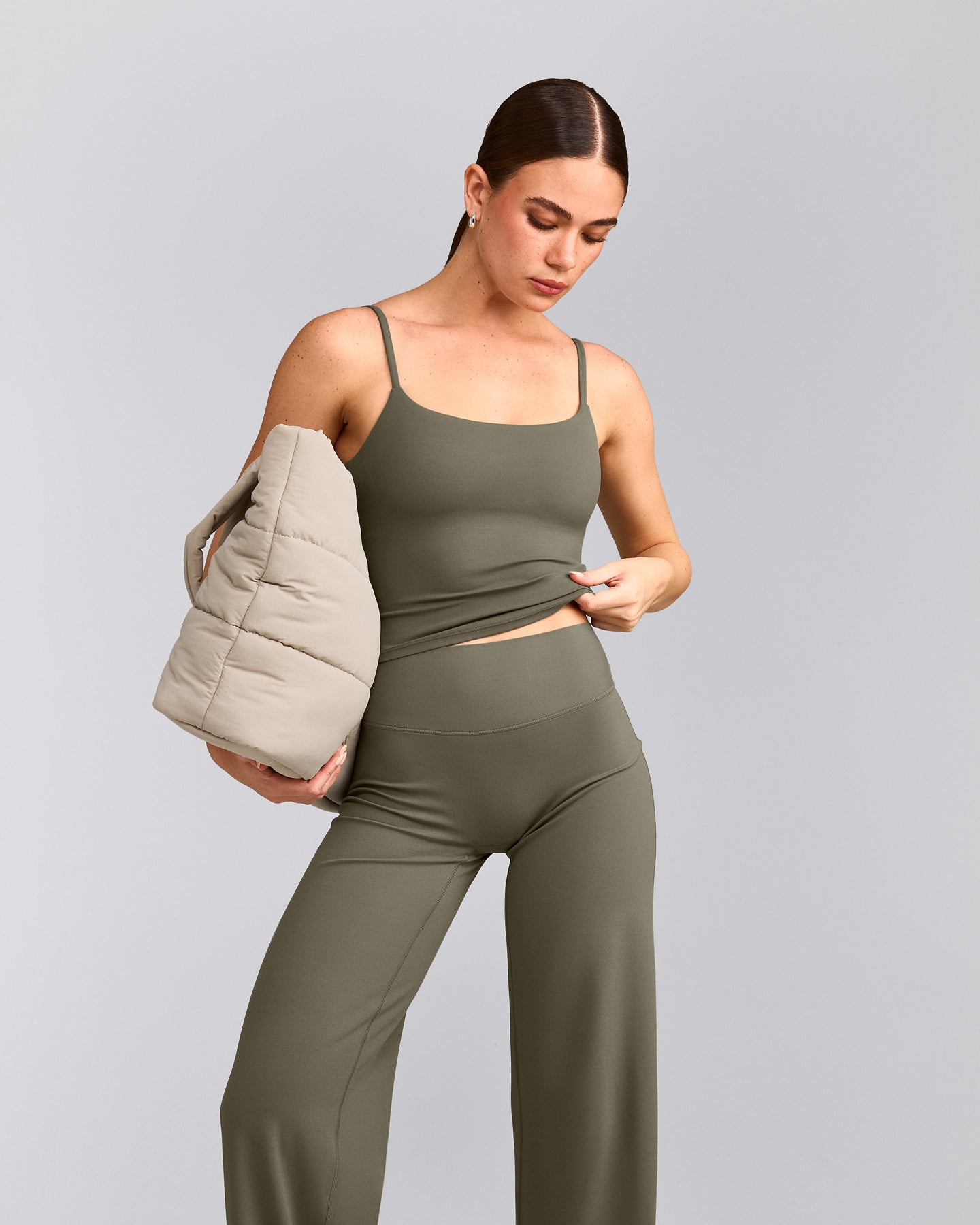 SoftMotion™ Strappy Mid Tank Top with Built in Bra Shelf with Gray Logo | Alpine Green