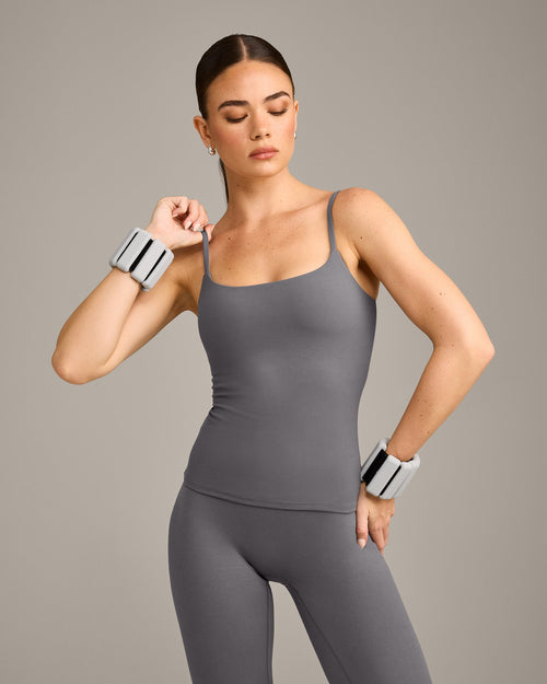 SoftMotion™ Strappy Tank Top with Built in Bra Shelf with Gray Logo | Ash Gray