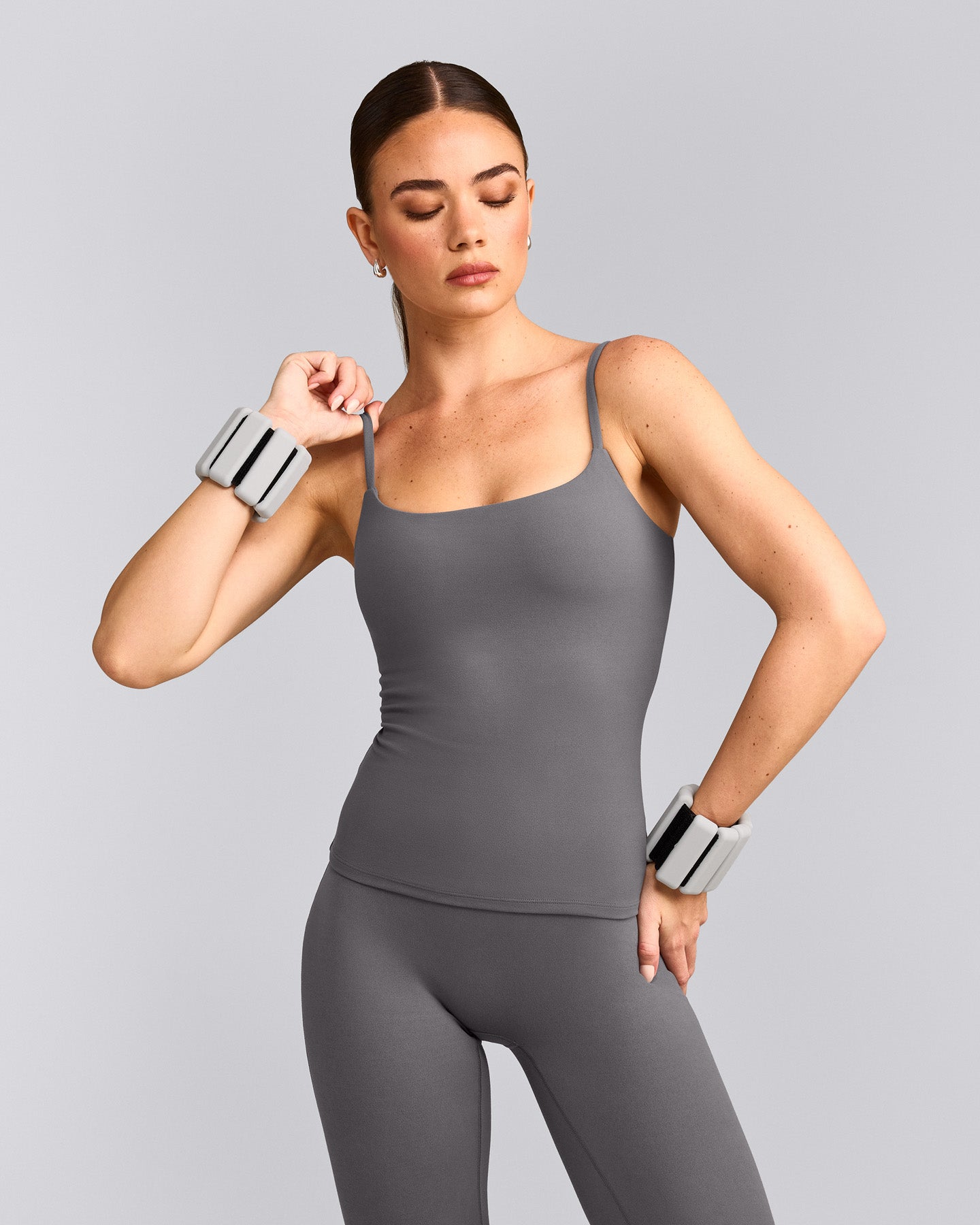 SoftMotion™ Strappy Tank Top with Built in Bra Shelf with Gray Logo | Ash Gray