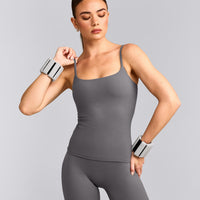 SoftMotion™ Strappy Tank Top with Built in Bra Shelf with Gray Logo | Ash Gray