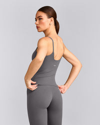 SoftMotion™ Strappy Tank Top with Built in Bra Shelf with Gray Logo | Ash Gray