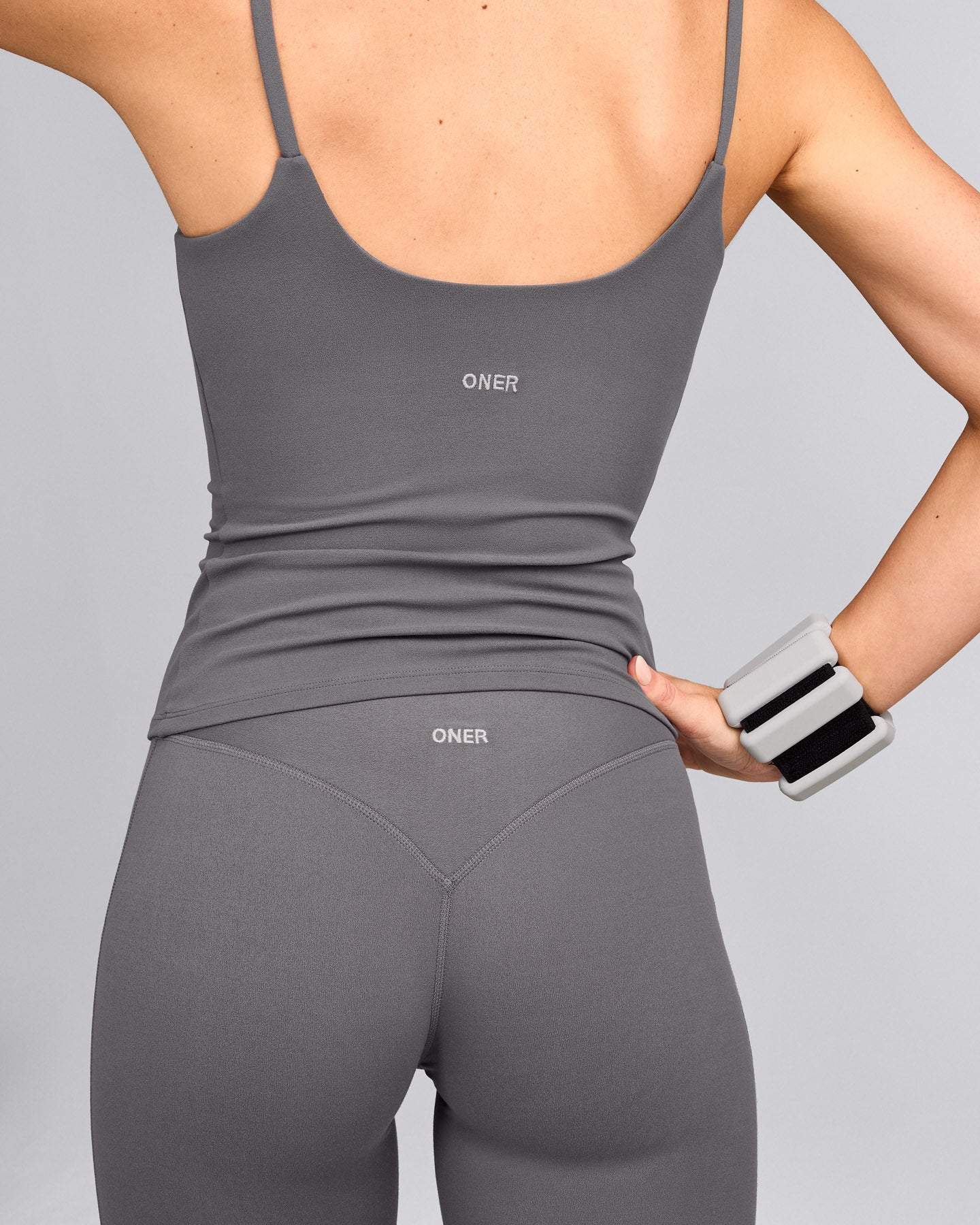 SoftMotion™ Strappy Tank Top with Built in Bra Shelf with Gray Logo | Ash Gray