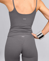 SoftMotion™ Strappy Tank Top with Built in Bra Shelf with Gray Logo | Ash Gray