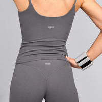 SoftMotion™ Strappy Tank Top with Built in Bra Shelf with Gray Logo | Ash Gray