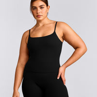 SoftMotion™ Strappy Tank Top with Built in Bra Shelf with Gray Logo | Black