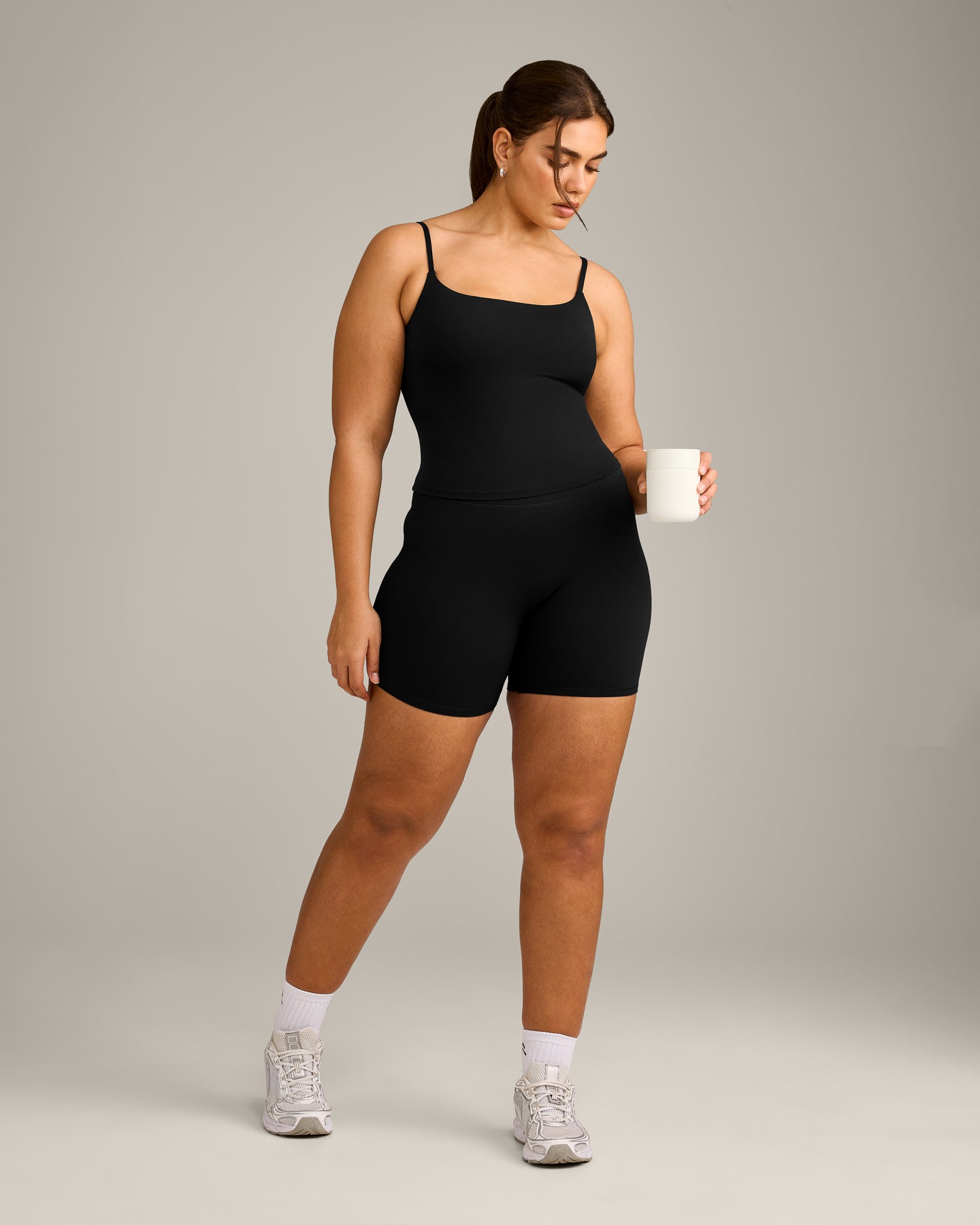 SoftMotion™ Strappy Vest with Built in Bra Shelf with Gray Logo | Black