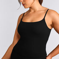SoftMotion™ Strappy Tank Top with Built in Bra Shelf with Gray Logo | Black