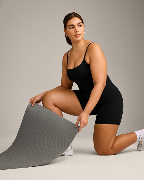 SoftMotion™ Strappy Vest with Built in Bra Shelf with Gray Logo | Black