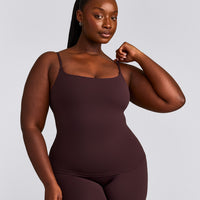 SoftMotion™ Strappy Tank Top with Built in Bra Shelf with Gray Logo | Plum Brown