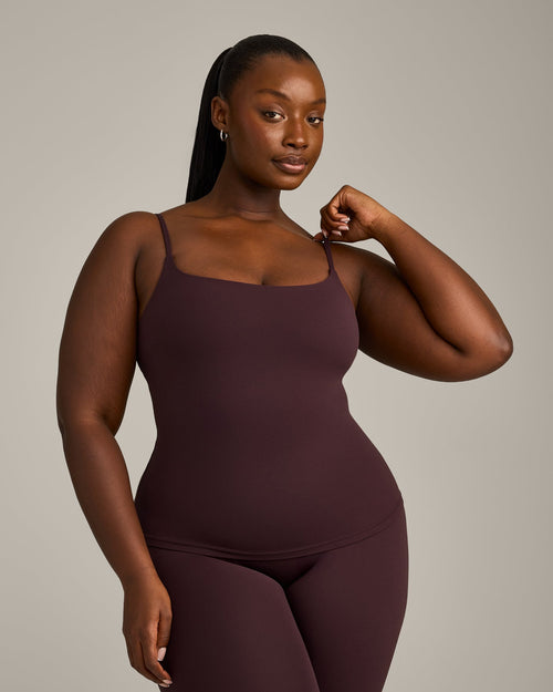 SoftMotion™ Strappy Tank Top with Built in Bra Shelf with Gray Logo | Plum Brown