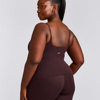 SoftMotion™ Strappy Tank Top with Built in Bra Shelf with Gray Logo | Plum Brown