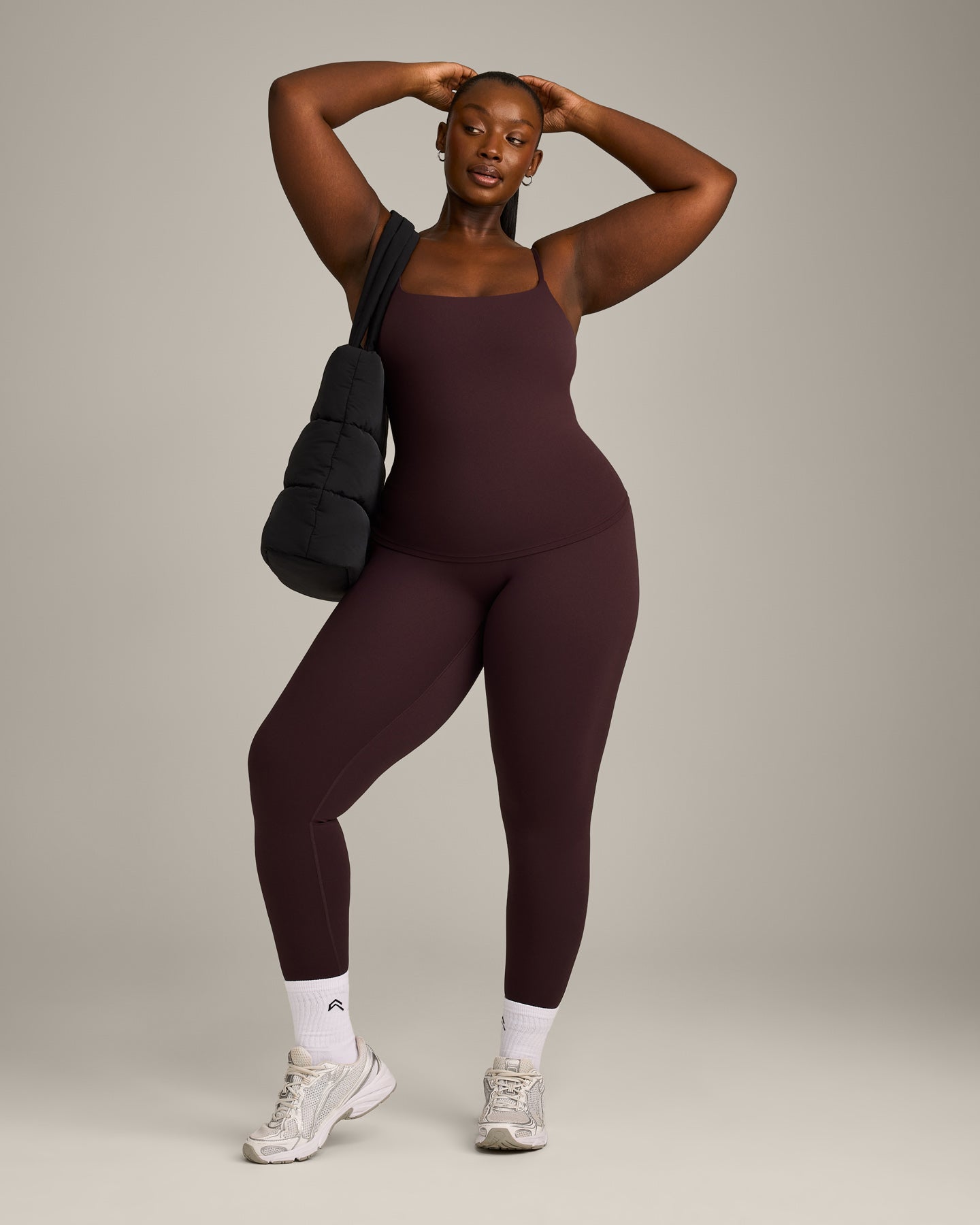 SoftMotion™ Strappy Vest with Built in Bra Shelf with Gray Logo | Plum Brown