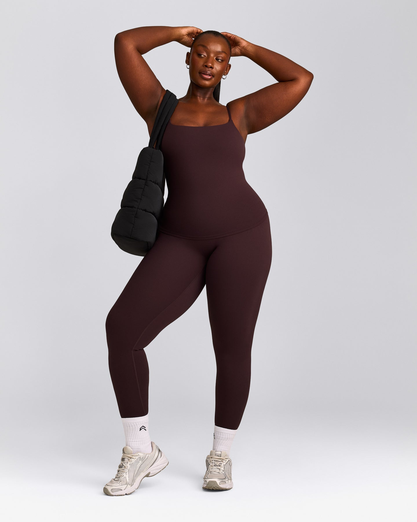 SoftMotion™ Strappy Tank Top with Built in Bra Shelf with Gray Logo | Plum Brown