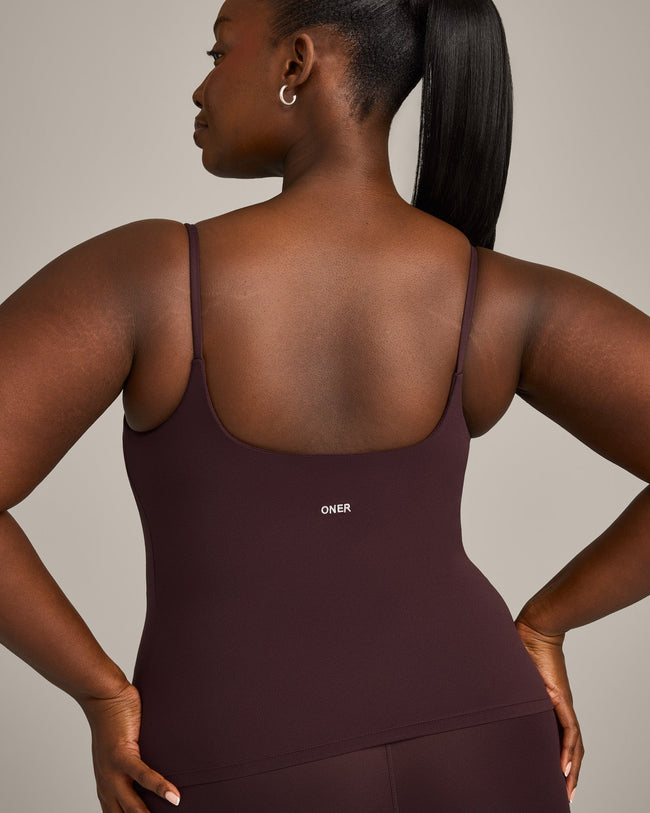 SoftMotion™ Strappy Vest with Built in Bra Shelf with Gray Logo | Plum Brown