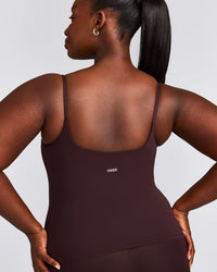 SoftMotion™ Strappy Tank Top with Built in Bra Shelf with Gray Logo | Plum Brown