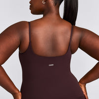 SoftMotion™ Strappy Tank Top with Built in Bra Shelf with Gray Logo | Plum Brown