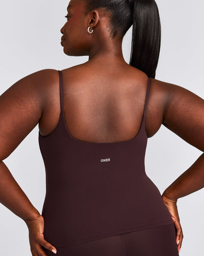 SoftMotion™ Strappy Tank Top with Built in Bra Shelf with Gray Logo | Plum Brown