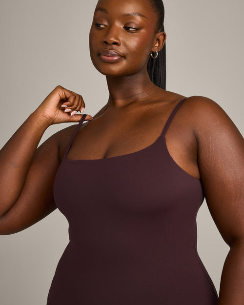 SoftMotion™ Strappy Tank Top with Built in Bra Shelf with Gray Logo | Plum Brown