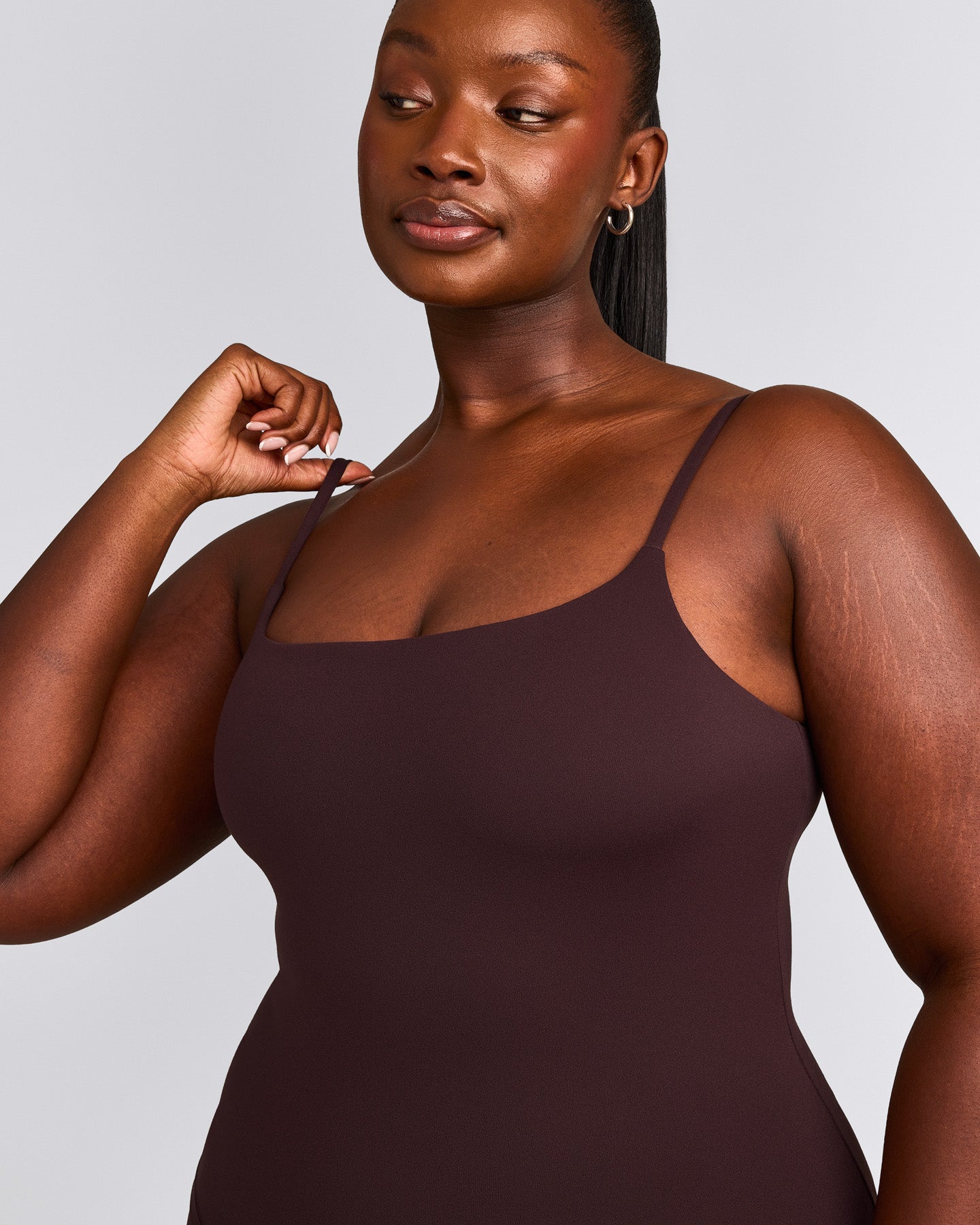 SoftMotion™ Strappy Tank Top with Built in Bra Shelf with Gray Logo | Plum Brown